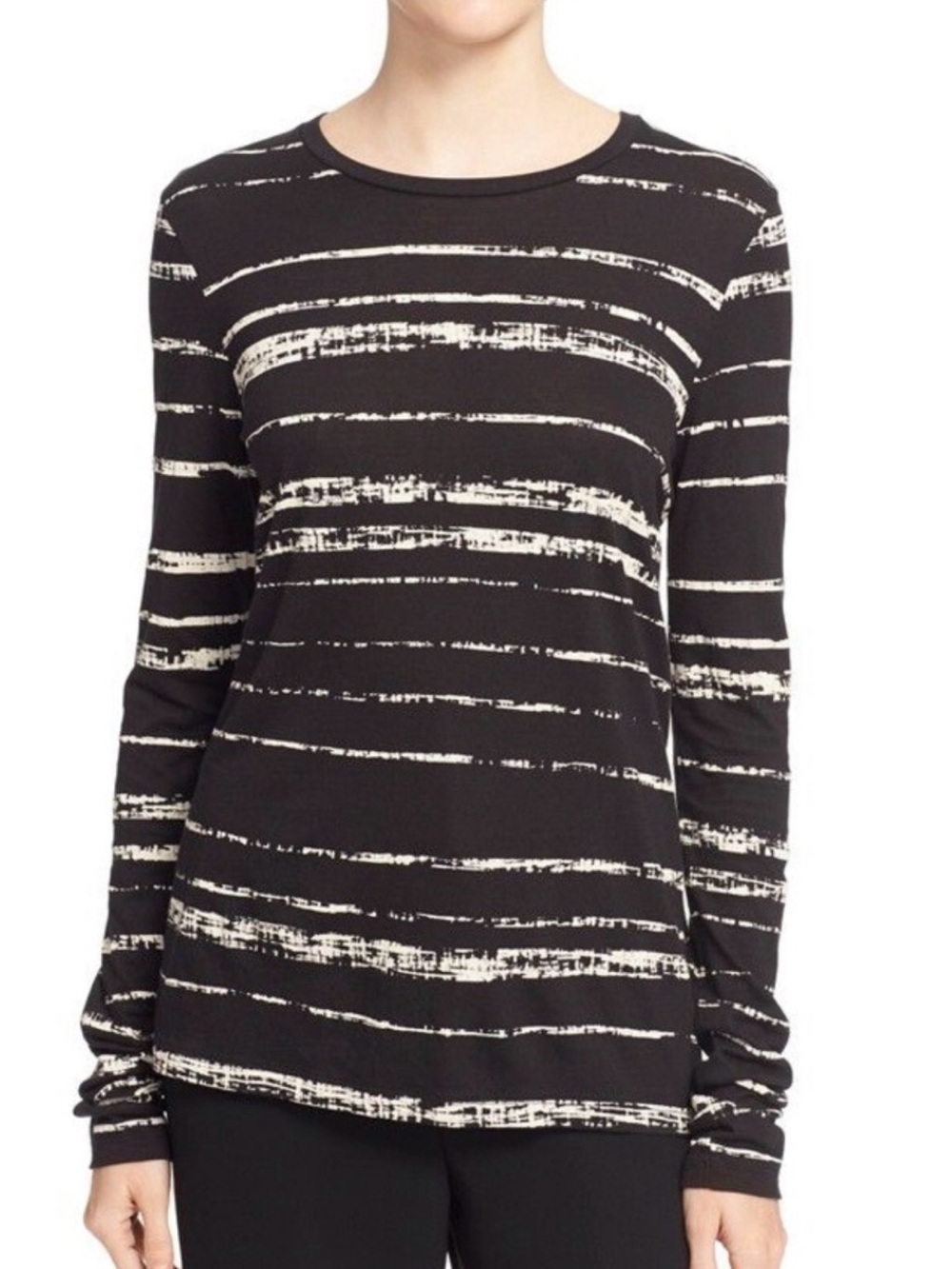 Vince Black and Cream Striped Long-Sleeve Pima Tee Size Large